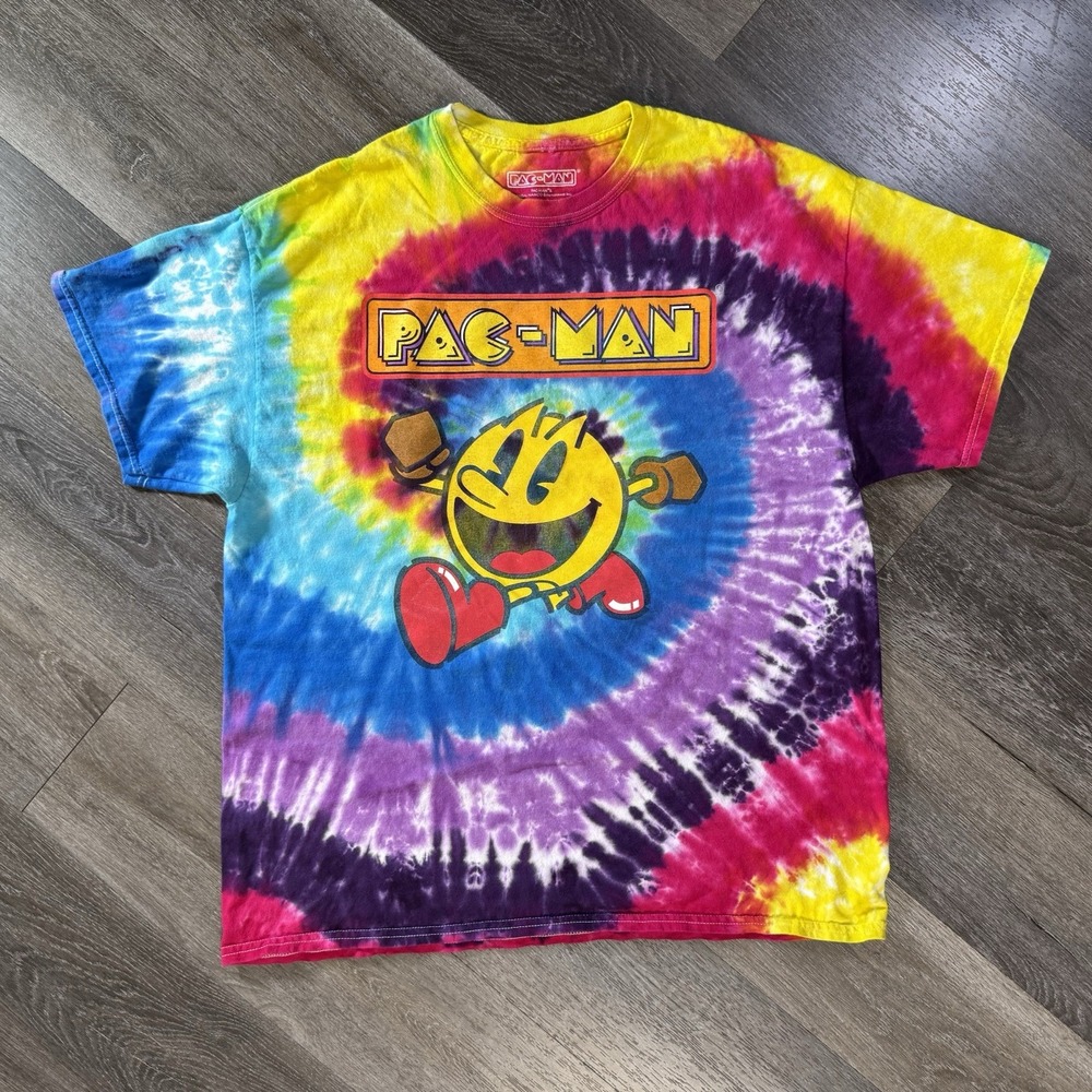 PAC-MAN Mens L Multicolor Tie-Dye Graphic Cotton T-Shirt